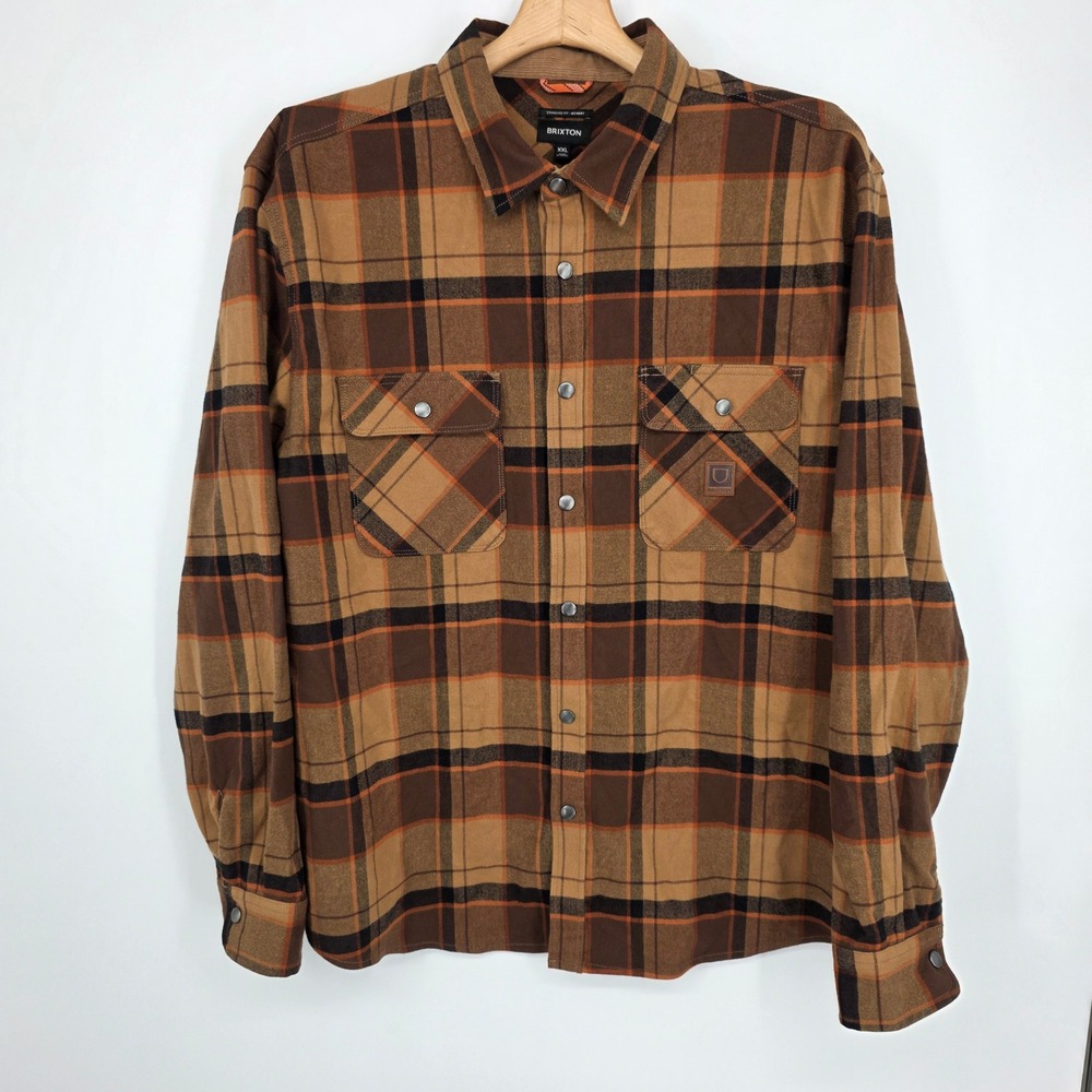Brixton Bowery Flannel Shirt Mens XXL Brown Plaid Snap Front Long Sleeve